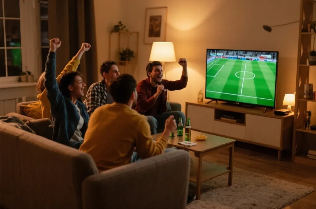 A group of enthusiastic football fans watching a game on a screen in a living room